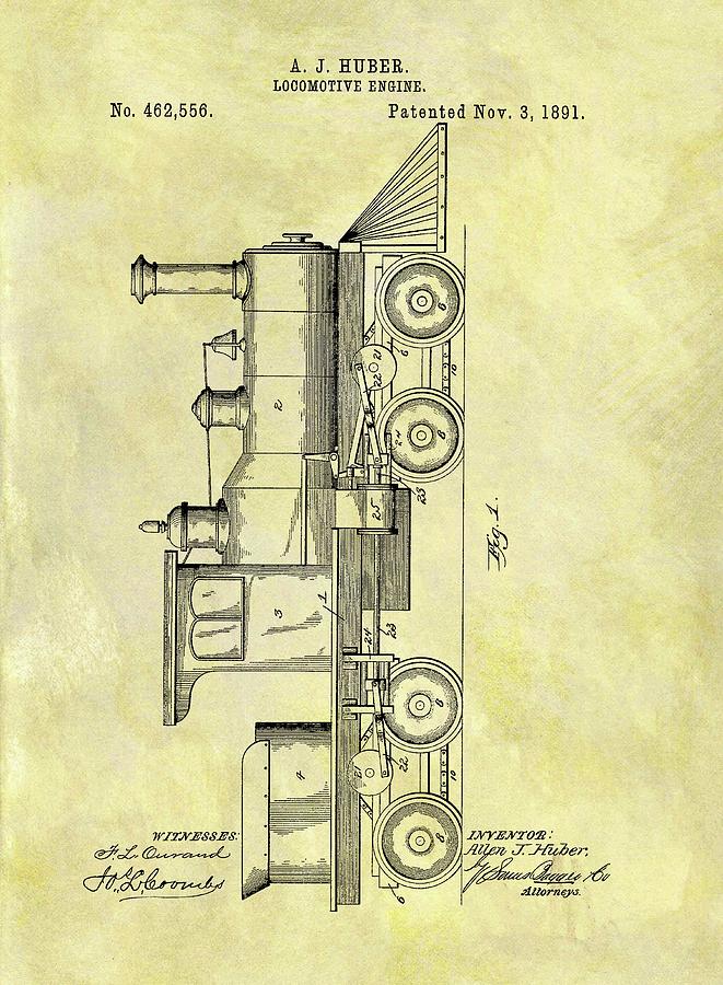 Train Drawing - 1891 Locomotive Engine Patent by Dan Sproul
