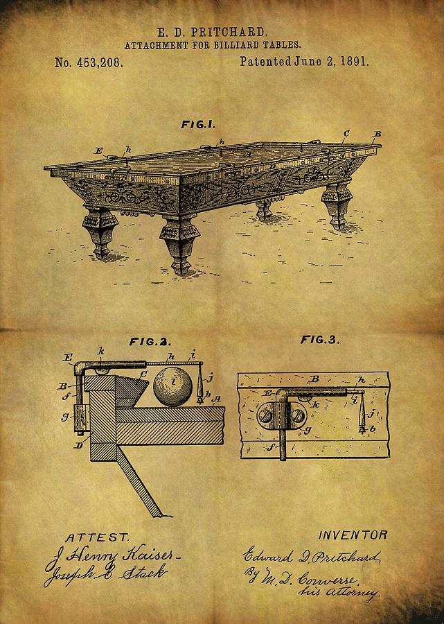 Vintage Drawing - 1891 Pool Table Patent by Dan Sproul