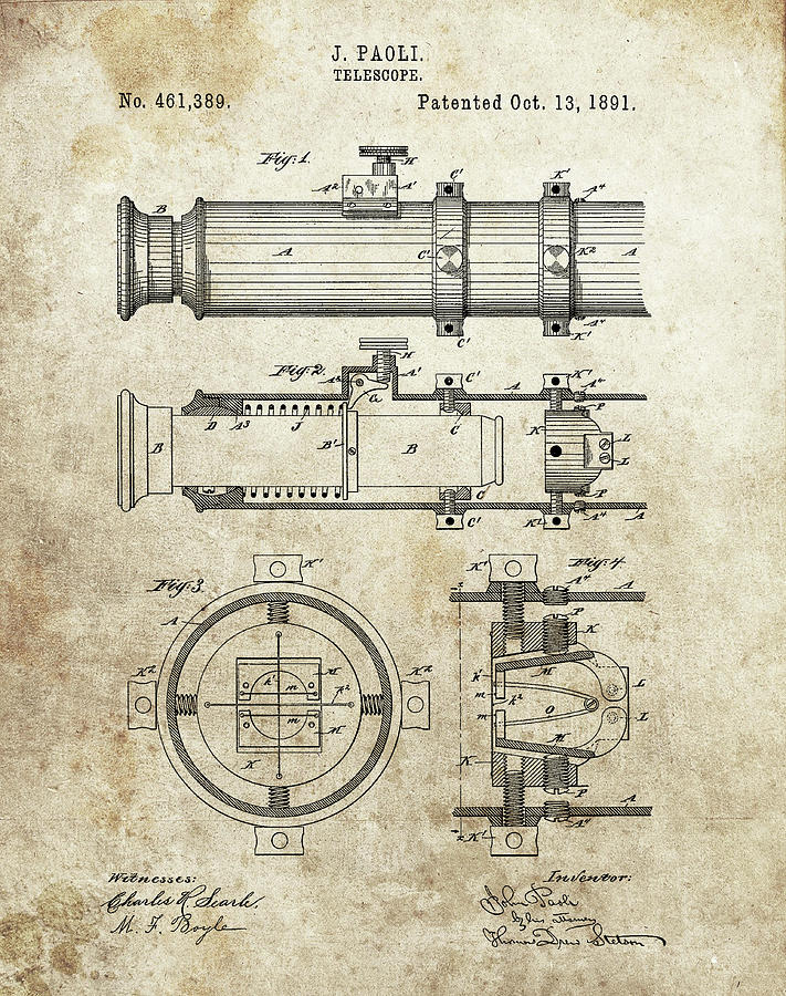 Space Drawing - 1891 Telescope Patent by Dan Sproul