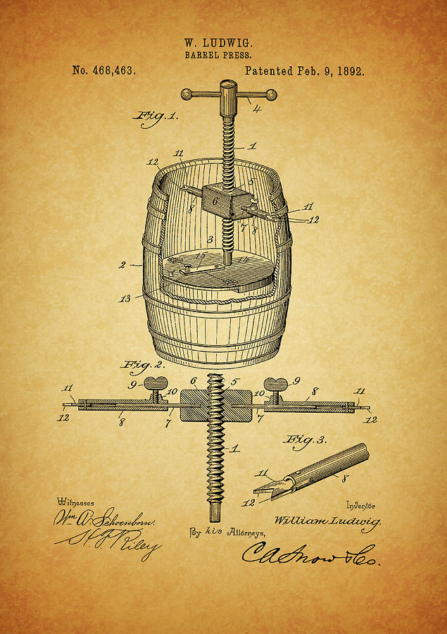 Beer Drawing - 1892 Barrel Press Patent by Dan Sproul