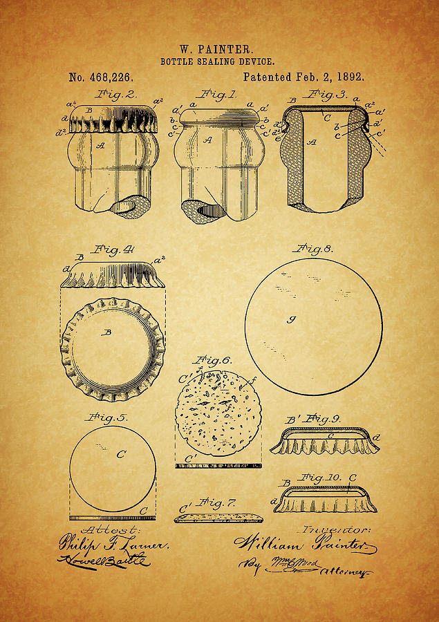 Bottle Drawing - 1892 Bottle Sealing Device Patent by Dan Sproul