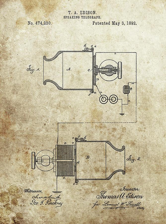 1892 Edison Telegraph Patent Drawing by Dan Sproul - Fine Art America