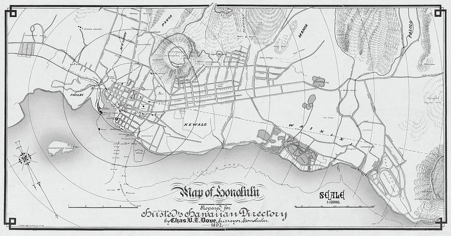 1892 Historical Map of Honolulu in Black and White Photograph by Toby McGuire