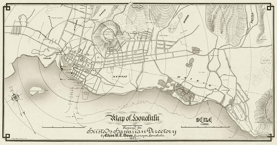 1892 Historical Map of Honolulu in Sepia Photograph by Toby McGuire
