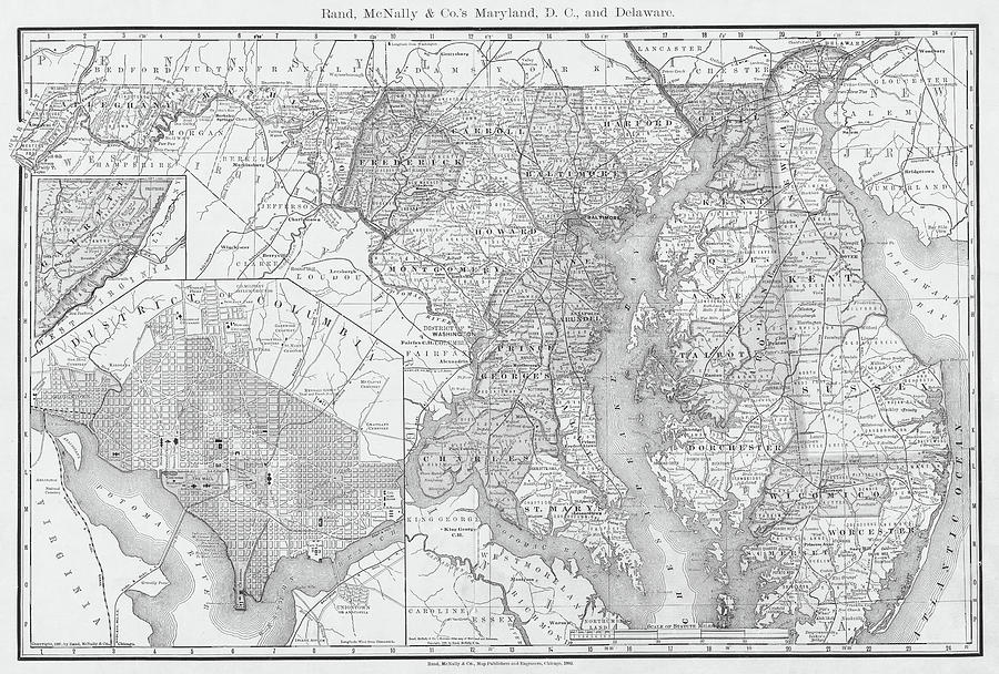 1892 Historical Map of Maryland, Delaware and Washington DC in Black and White Photograph by Toby McGuire