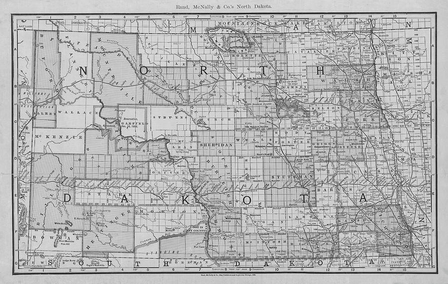 1892 Historical Map of North Dakota in Black and White Photograph by Toby McGuire