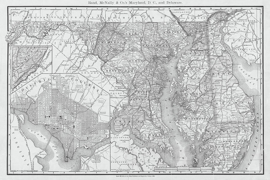 1892 Map of Maryland Washington DC and Delaware Historical Map Black and White Photograph by Toby McGuire