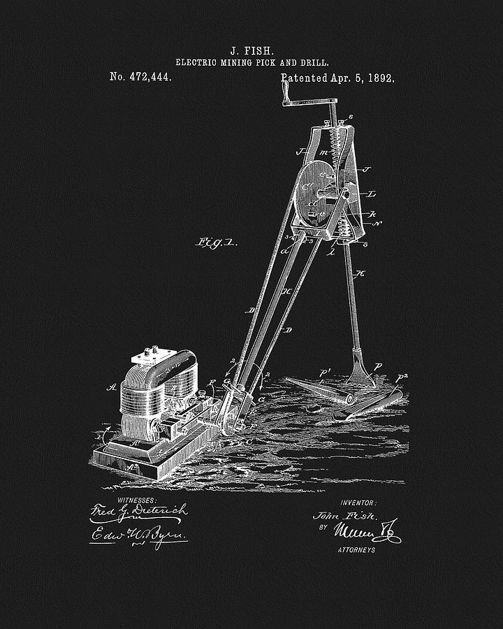 1892 Mining Drill Patent Drawing by Dan Sproul