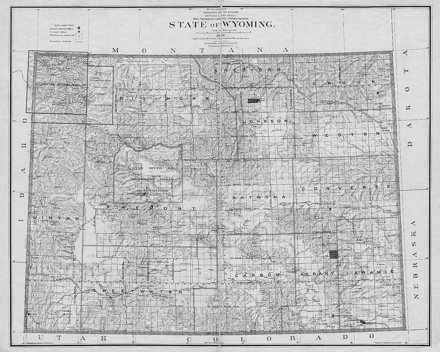 1892 State of Wyoming Map in Black and White Photograph by Toby McGuire