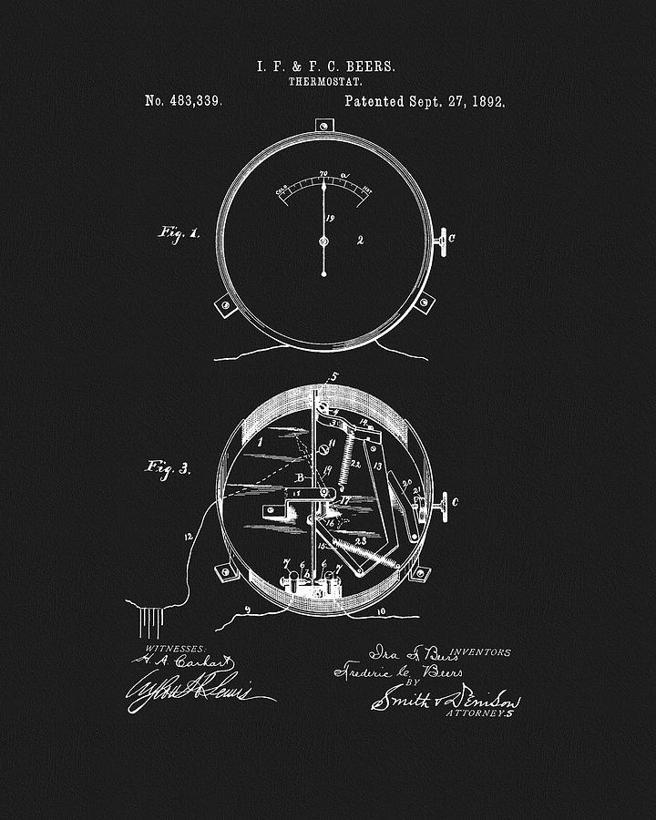 Thermostat Drawing - 1892 Thermostat Patent by Dan Sproul
