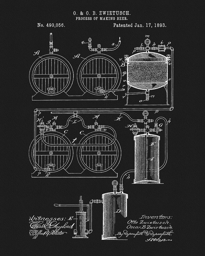 Beer Drawing - 1893 Beer Brewing Patent by Dan Sproul