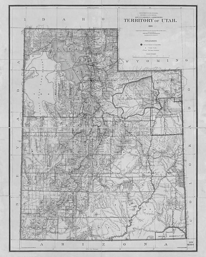 1893 Historic Territory of Utah Map in Black and White Photograph by ...