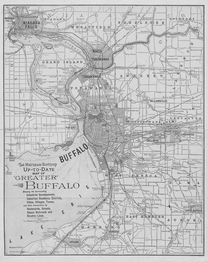 1893 Historical map of Buffalo New York and Niagara Falls in Black and White Photograph by Toby McGuire