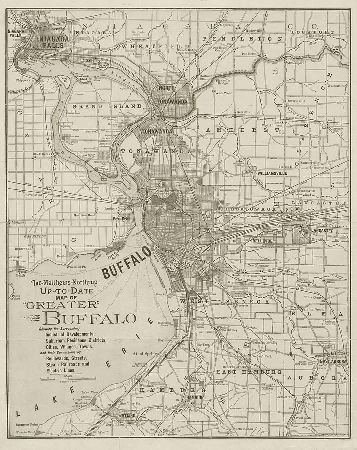 1893 Historical map of Buffalo New York and Niagara Falls in Sepia Photograph by Toby McGuire