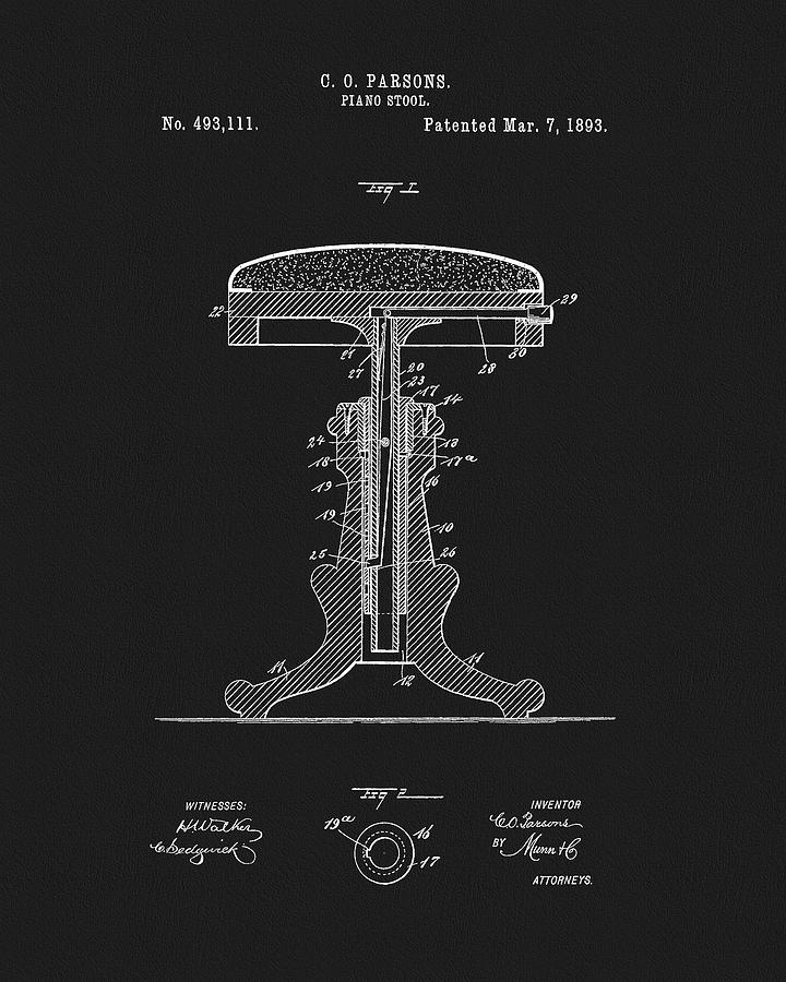 Music Drawing - 1893 Piano Stool Patent by Dan Sproul