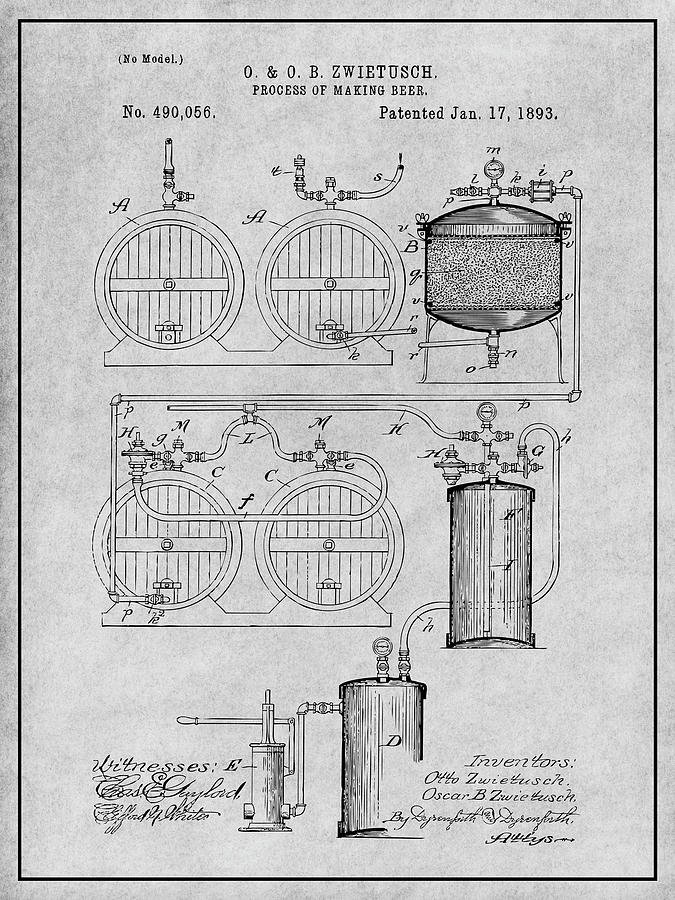 1893 Process of Making Beer Gray Patent Print Drawing by Greg Edwards