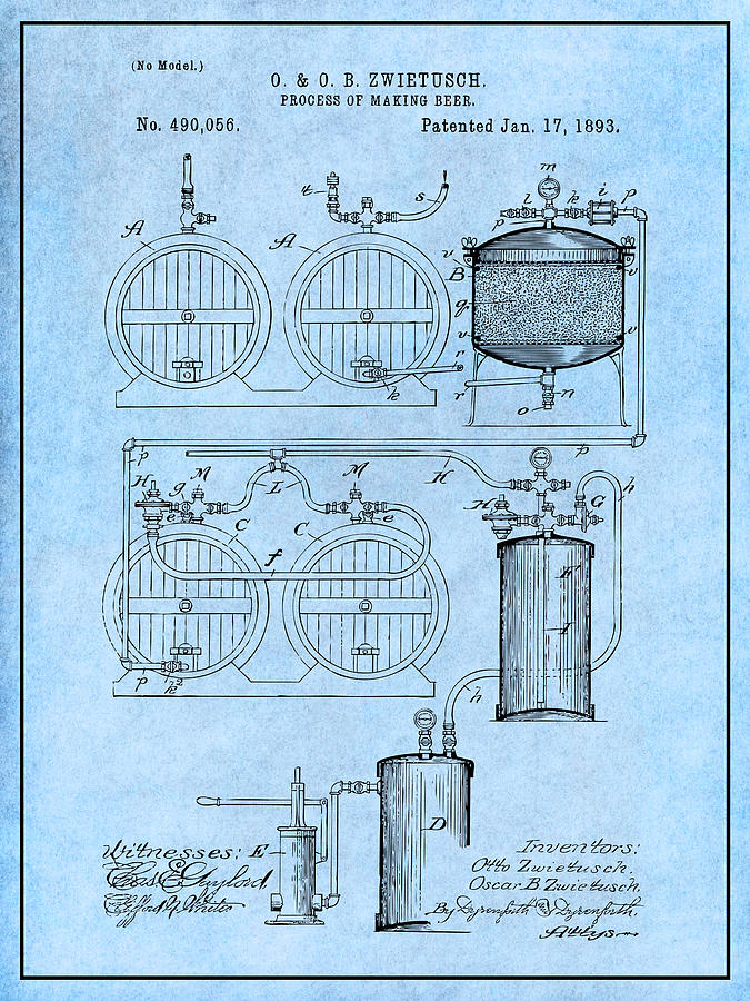 1893 Process of Making Beer Light Blue Patent Print Drawing by Greg Edwards