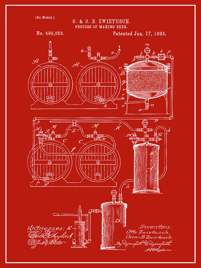 1893 Process of Making Beer Red Patent Print Drawing by Greg Edwards