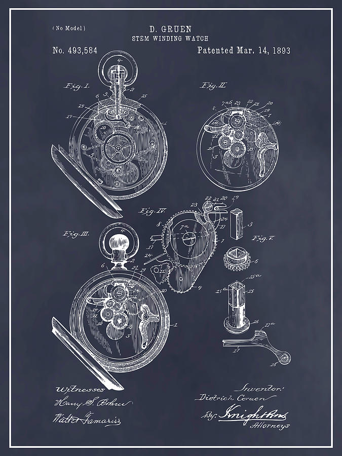 1893 Stem Winding Watch Blackboard Patent Print Drawing by Greg Edwards