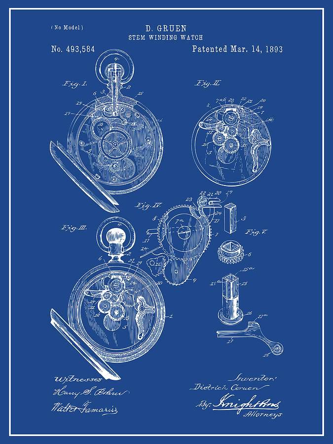 1893 Stem Winding Watch Blue Patent Print Drawing by Greg Edwards