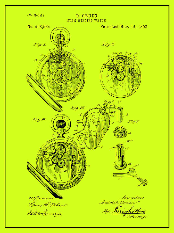 1893 Stem Winding Watch Chartreuse Patent Print  Drawing by Greg Edwards