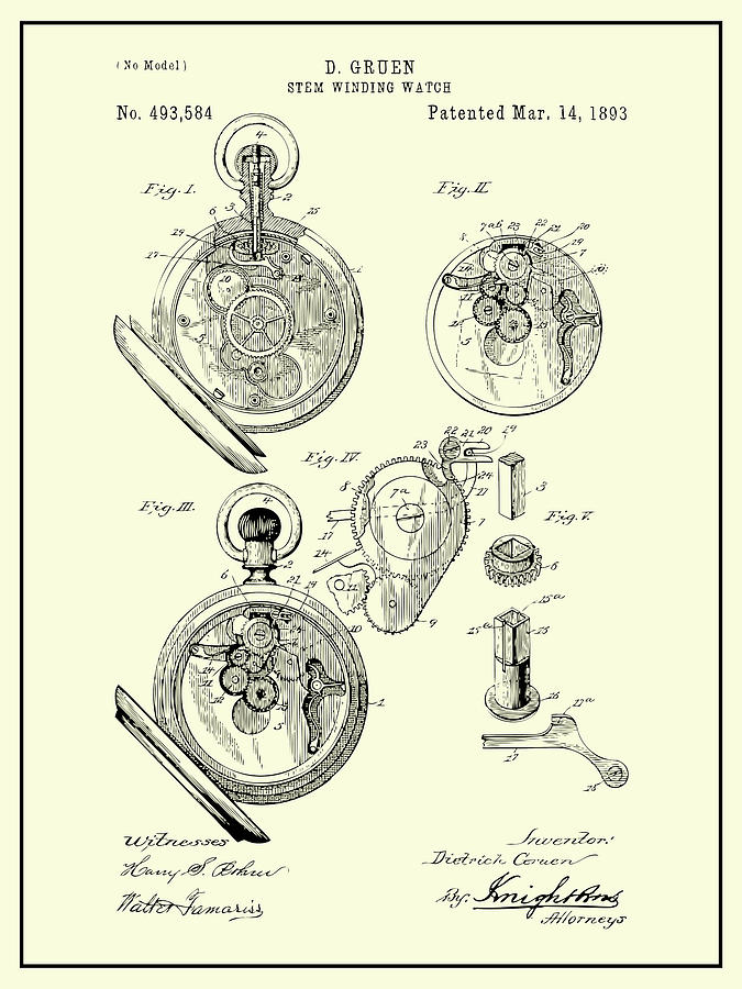 1893 Stem Winding Watch Cream Patent Print Drawing by Greg Edwards