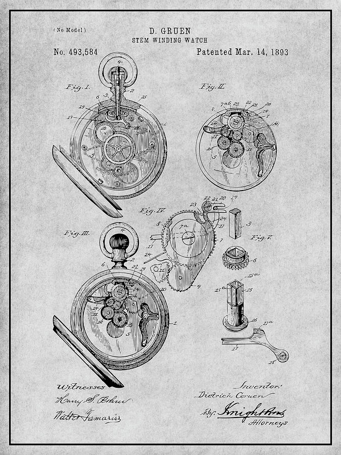 1893 Stem Winding Watch Gray Patent Print Drawing by Greg Edwards