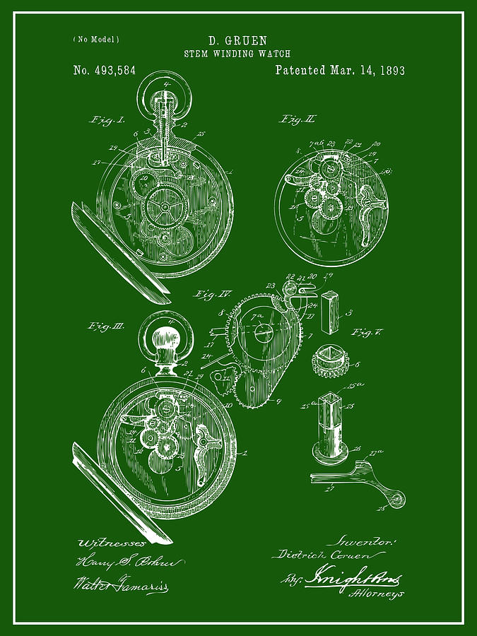 1893 Stem Winding Watch Green Patent Print Drawing by Greg Edwards