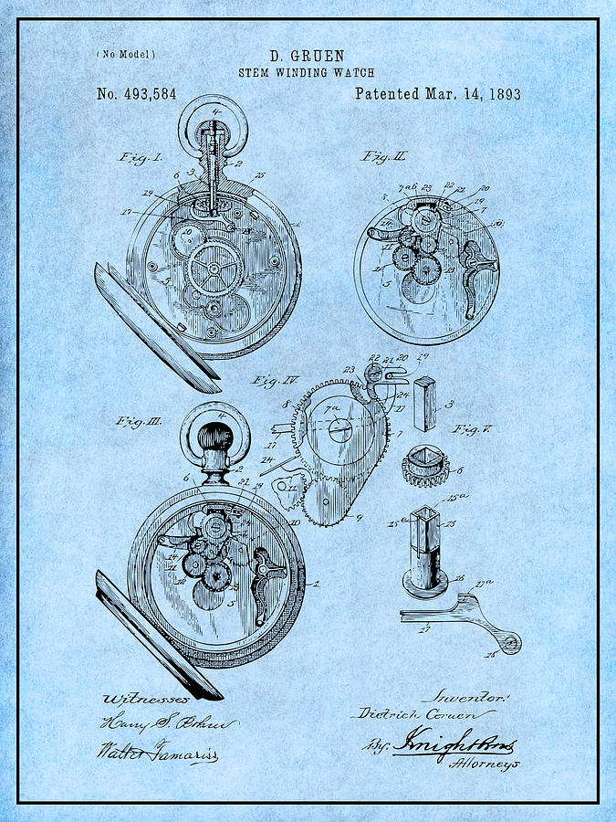 1893 Stem Winding Watch Light Blue Patent Print Drawing by Greg Edwards