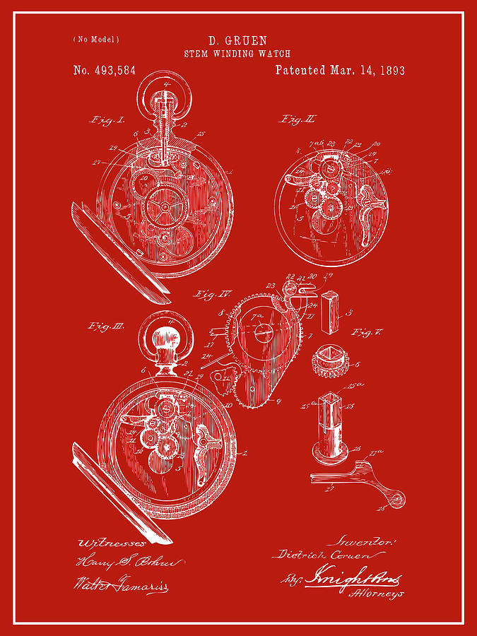 1893 Stem Winding Watch Red Patent Print Drawing by Greg Edwards