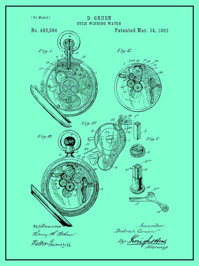 1893 Stem Winding Watch Seafoam Green Patent Print Drawing by Greg Edwards