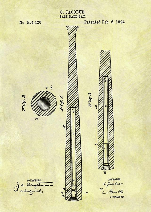 1894 Baseball Bat Patent Drawing by Dan Sproul