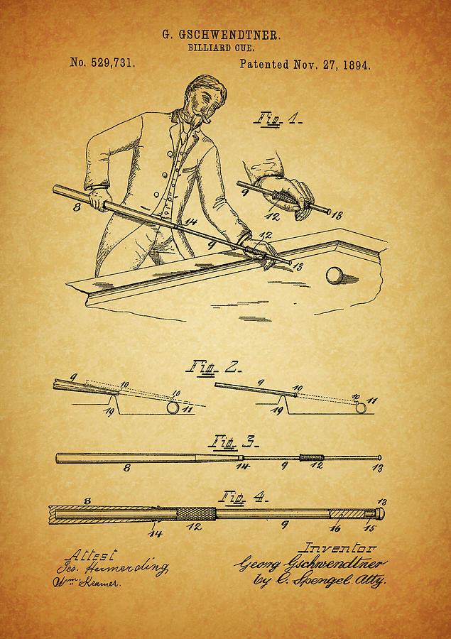 Vintage Drawing - 1894 Billiards Cue Patent by Dan Sproul