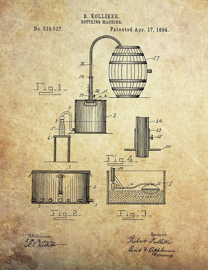 Bottle Drawing - 1894 Bottling Machine Patent by Dan Sproul