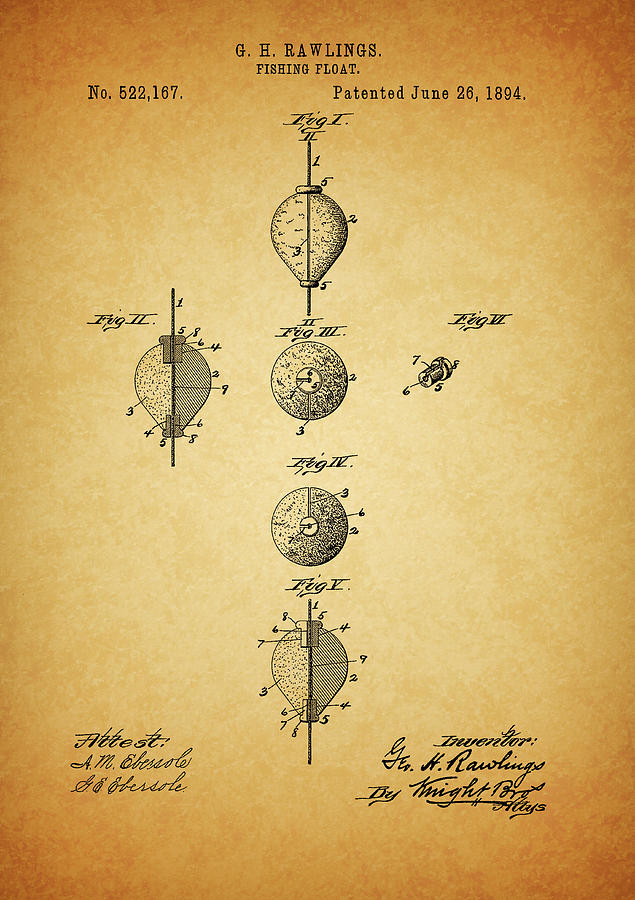 Fishing Float Drawing - 1894 Fishing Float Patent by Dan Sproul