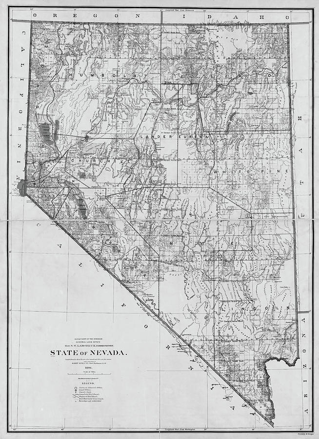 1894 historical map of Nevada in Black and White Photograph by Toby McGuire
