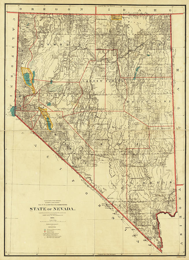 1894 historical map of Nevada in Color Photograph by Toby McGuire