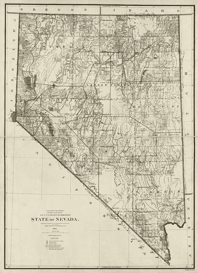 1894 historical map of Nevada in Sepia Photograph by Toby McGuire
