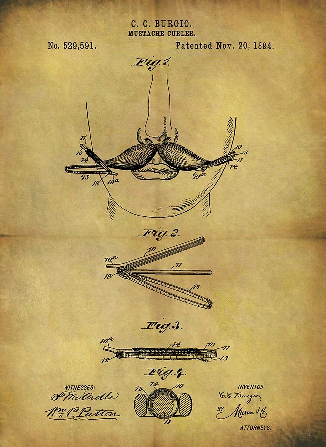 Mustache Curler Drawing - 1894 Mustache Curler Patent by Dan Sproul