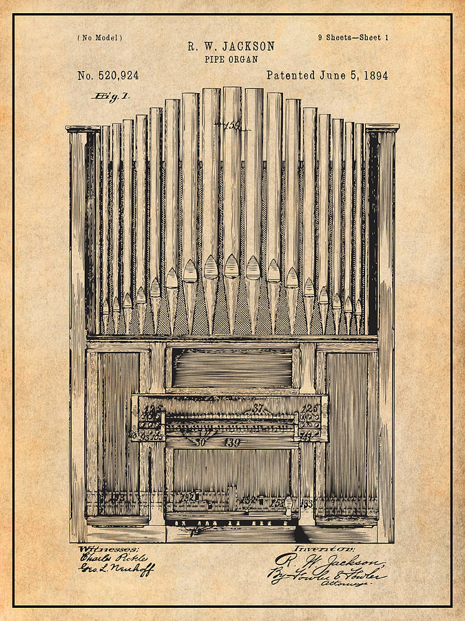 1894 Pipe Organ Antique Paper Patent Print Drawing by Greg Edwards