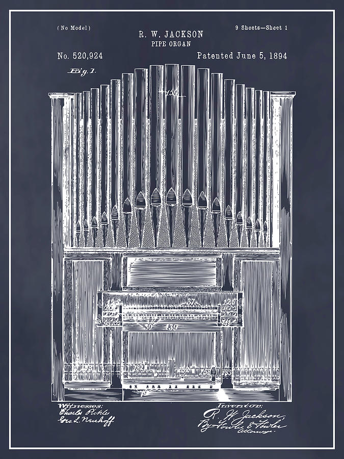 1894 Pipe Organ Blackboard Patent Print Drawing by Greg Edwards