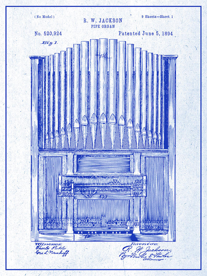 1894 Pipe Organ blueprint Patent Print Drawing by Greg Edwards