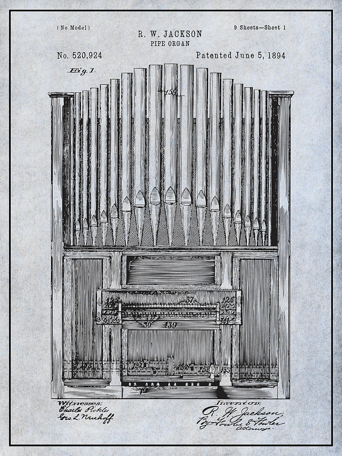 1894 Pipe Organ Gray Patent Print Drawing by Greg Edwards