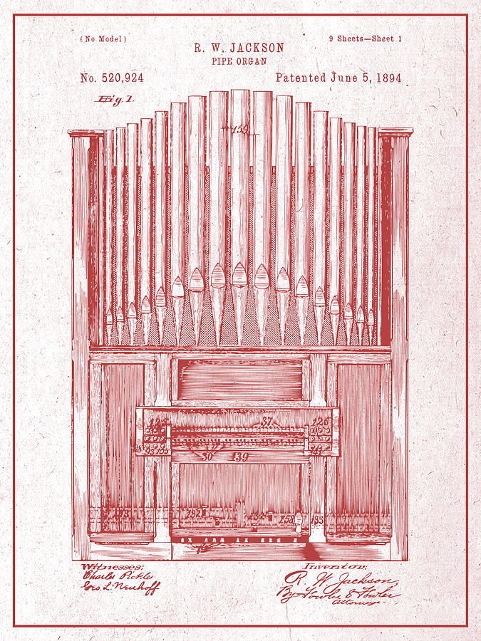 1894 Pipe Organ Red Patent Print Drawing by Greg Edwards