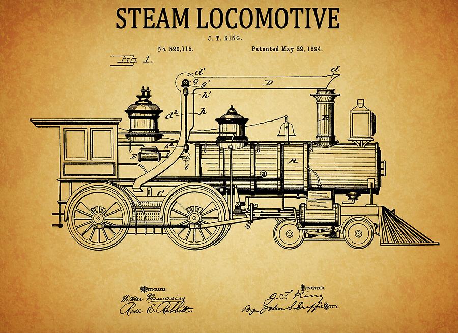 Train Drawing - 1894 Steam Locomotive Patent by Dan Sproul