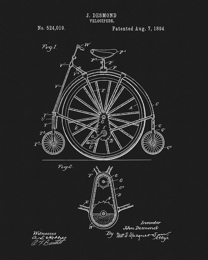 Bicycle Drawing - 1894 Velocipede Patent by Dan Sproul