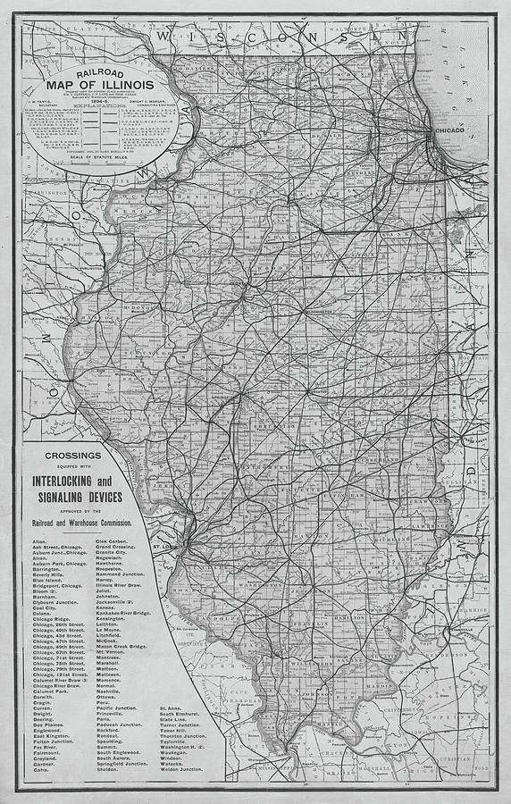 1895 Historical Railroad Map of Illinois Black and White Map Photograph by Toby McGuire