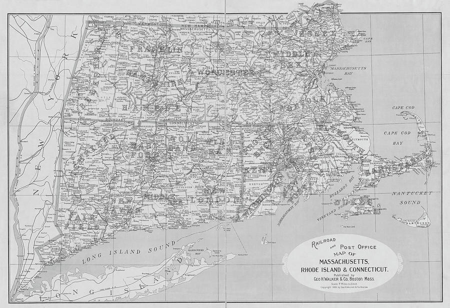 1895 Massachusetts Rhode Island and Connecticut Post Office and Railroad Map Black and White Photograph by Toby McGuire