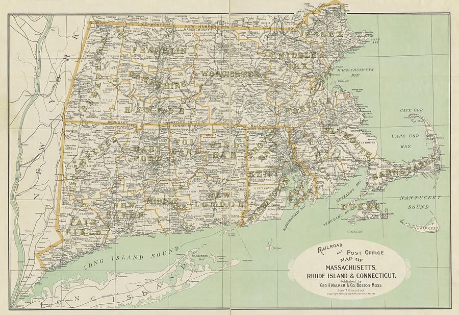 1895 Massachusetts Rhode Island and Connecticut Post Office and Railroad Map Photograph by Toby McGuire