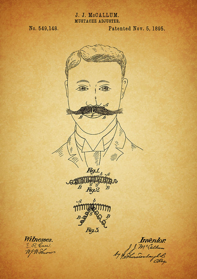 Mustache Drawing - 1895 Mustache Adjuster Patent by Dan Sproul